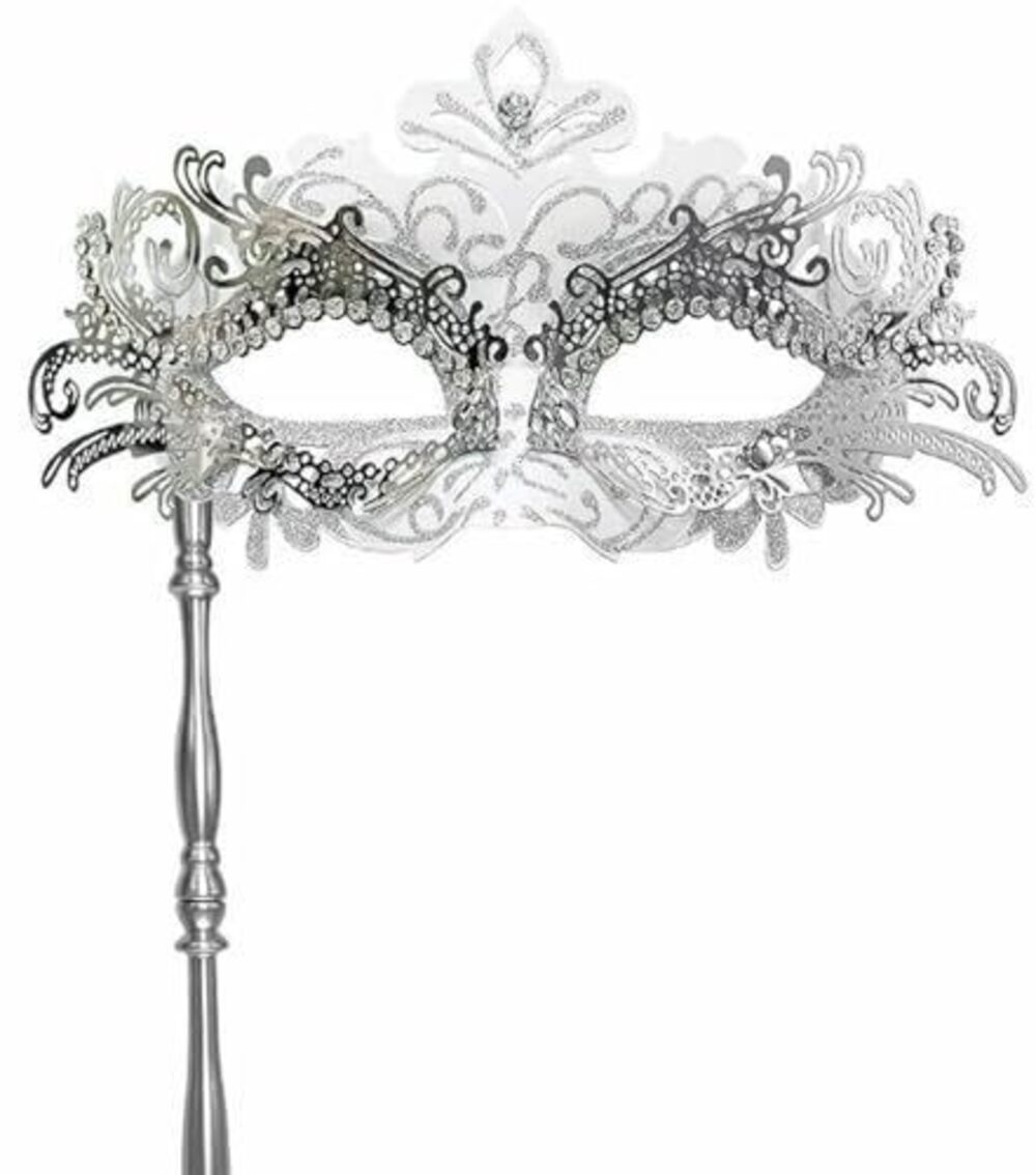 3571 Handheld Masquerade Mask Unique White Costume Masks with Rhinestones